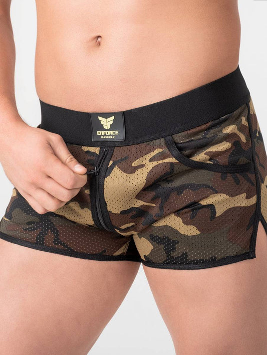 Maskulo Enforce Camo Zipper Shorts - Jockstraps.com